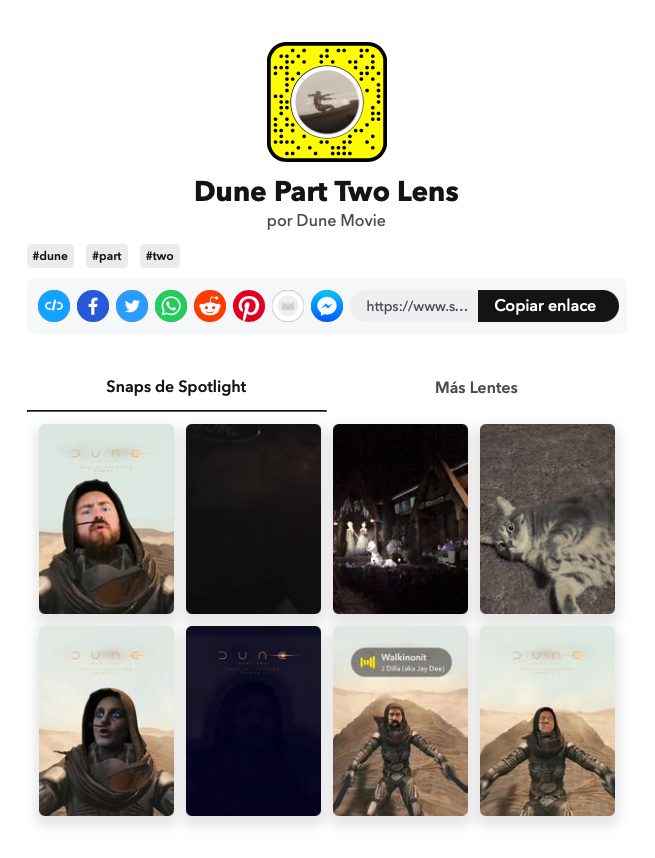 Captura de pantalla del perfil de Snapchat de la lente de AR de Dune